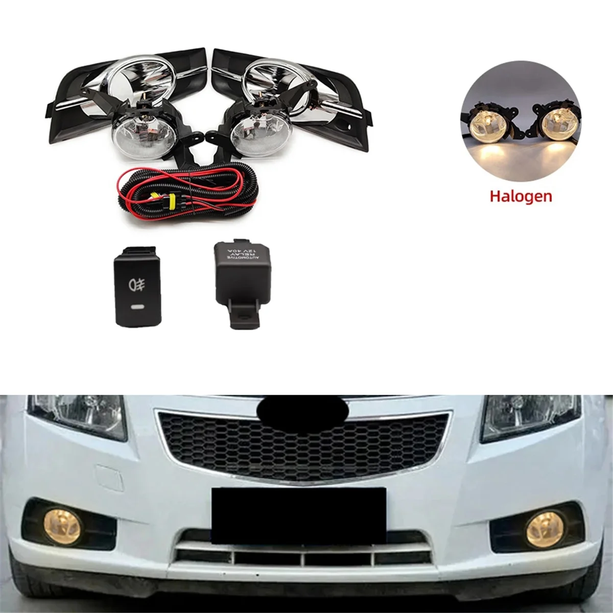 For Chevrolet Cruze 2009-2014 Front Bumper Fog Light With Chrome Fog Lamp Cover Grill Bezel Relay Switch Harness