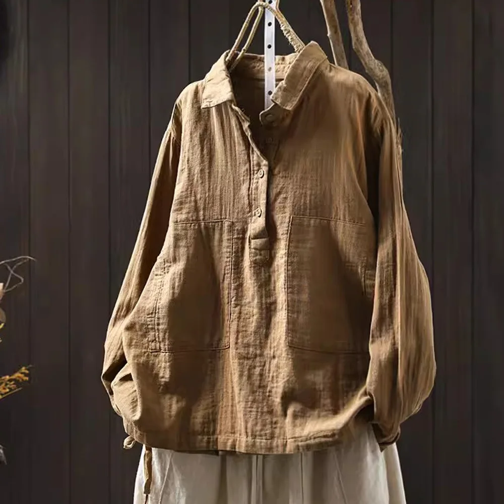 100% Cotton yarn solid shirts long sleeve blouses for women Japan style autumn loose shirts large size tops oversized shirts