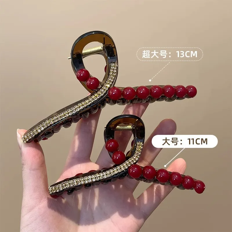 

Angra Red Shark Clip Premium New Year's Red Rhinestone Grab Clip Female Delicate Half Tie Hair Back Head Hairpin