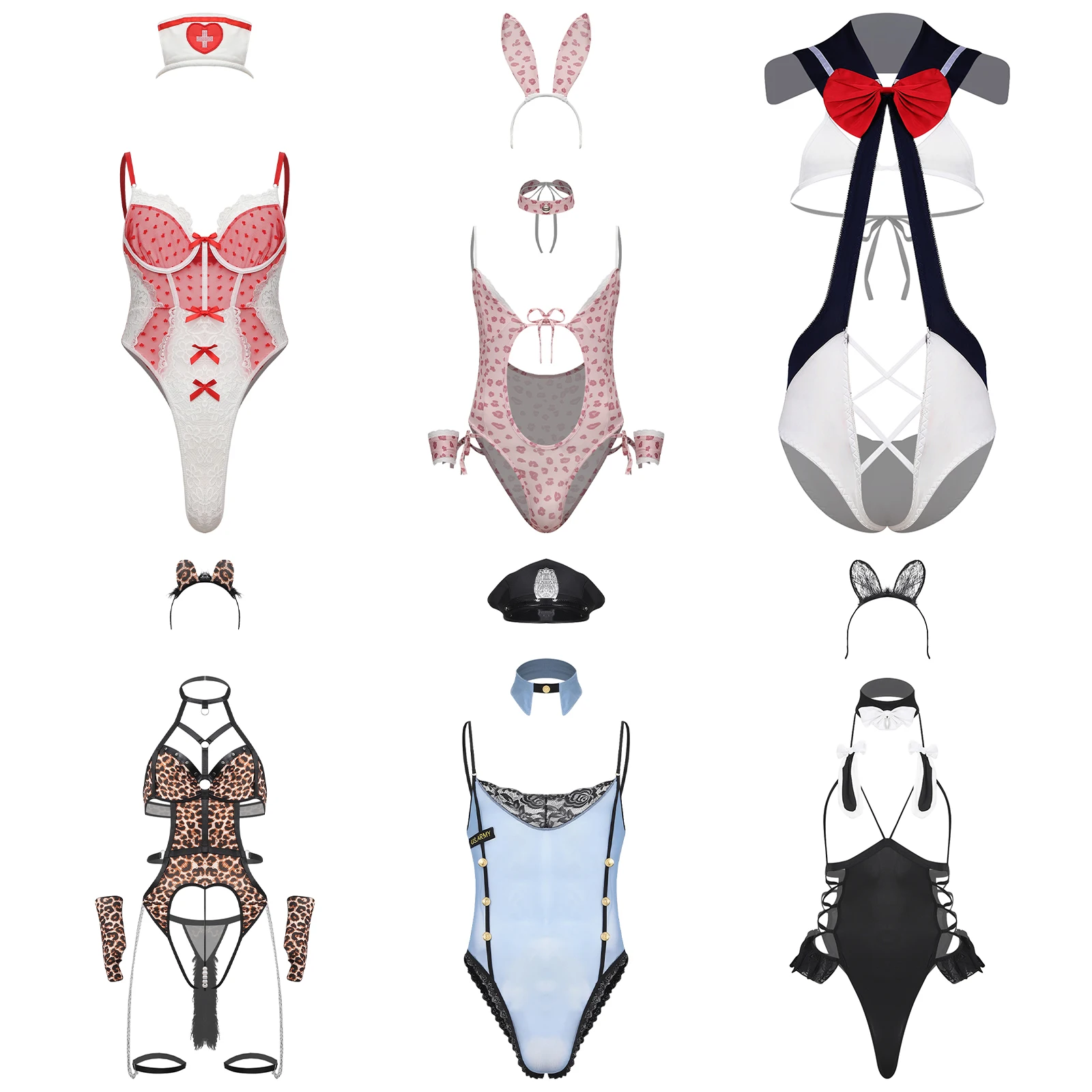 

Мужской костюм-боди для кроссдрессеров: прозрачное сетчатое белье с вырезами, головной убор, для косплея, ночное белье в стиле кролика, горничной или медсестры