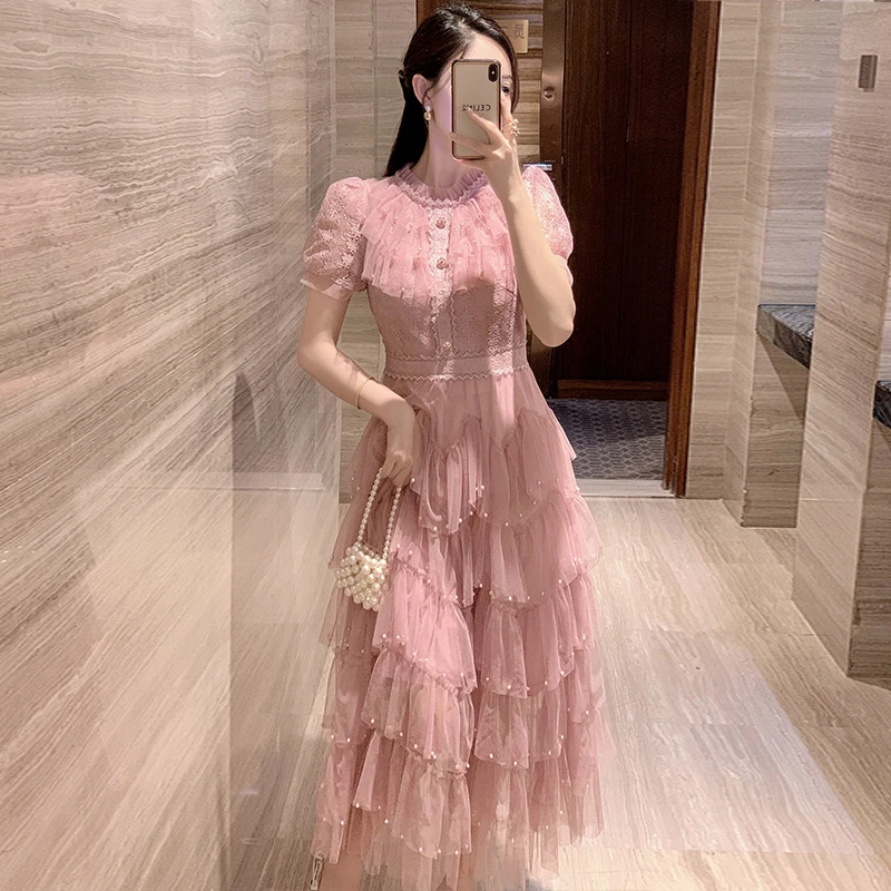 High End Pink Beading Summer Women Lace Sweet French O Neck Short Sleeve Mesh Cascading Ruffles Cake Casual Party Dresses