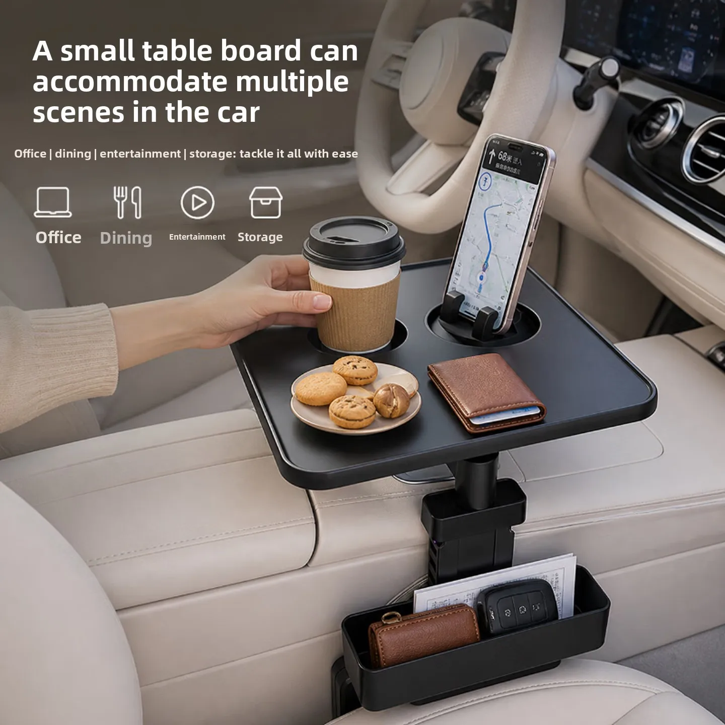 360 Degree Rotating Car Console Tray Table with Phone and Cup Holders Non Slip Surface Vehicle Dining Shelf for Rest Stops