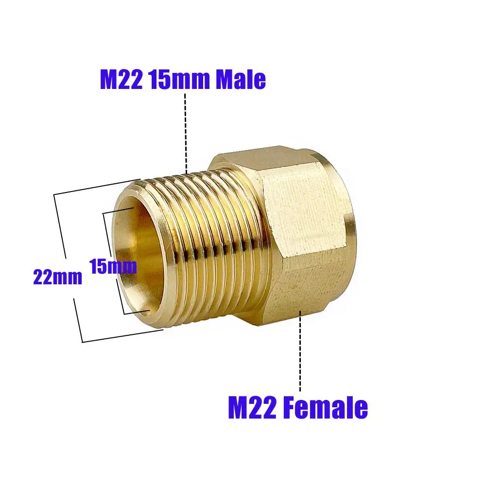 真ちゅう製ホースノズルアダプター、オススレッド、高圧洗浄機、ガン接続、m22 14mmメスからm22 15mm