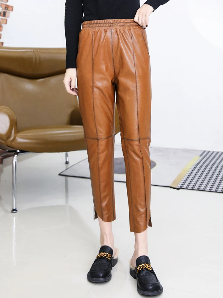 Winter New Elastic Waist High Quality Genuine Real Leather Pants Women's First Layer Sheepskin Cropped