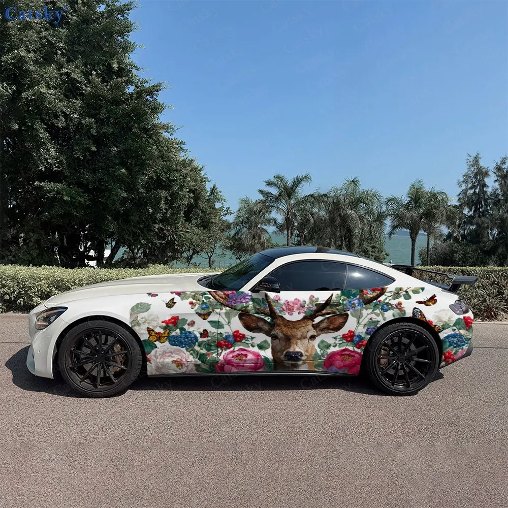 2pcs Forest Spring Deer Guardian , Durable, Fade-resistant, Enhance Vehicle Aesthetics With Bold Artistic Design Car Vinyl Wraps