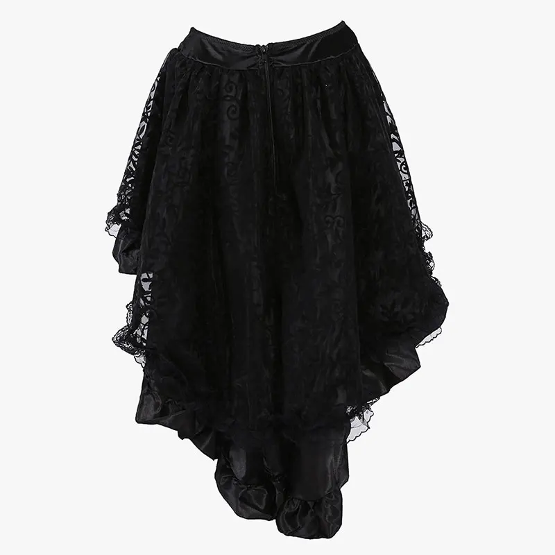 Steampunk Gothic Black Floral Flocking Tulle and Ruffled Victorian Skirt Women Front Short Back Long Asymmetrical Skirts 8537