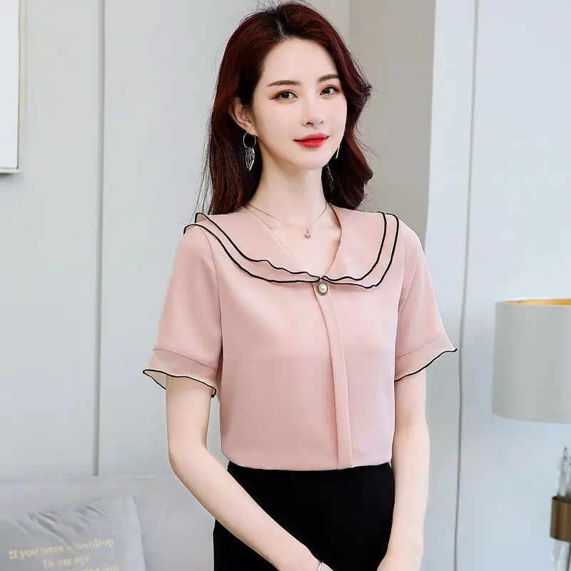 

Summer New Chiffon All-match Thin Blouse Short Sleeve Solid Color Patchwork Office Shirt Tops Elegant Women Clothing JJ759