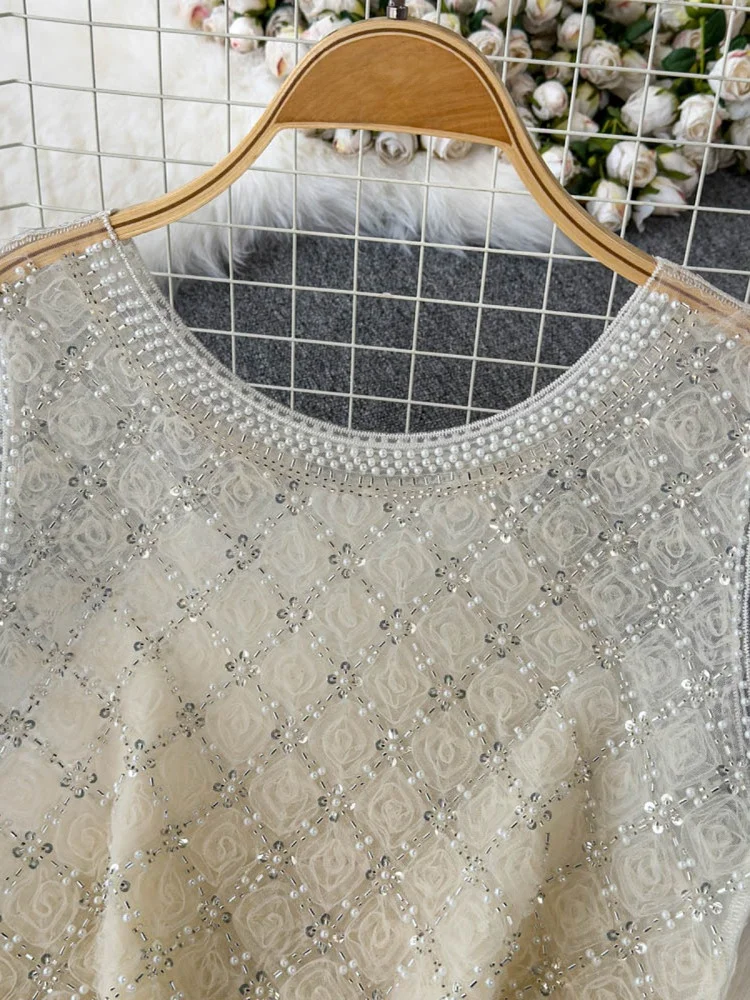 2025 New Thai Style Sleeveless Top Women's Slim Fit Pearl Beading Heavy Work Bright Sequin Design Casual Wear Polyester Fiber