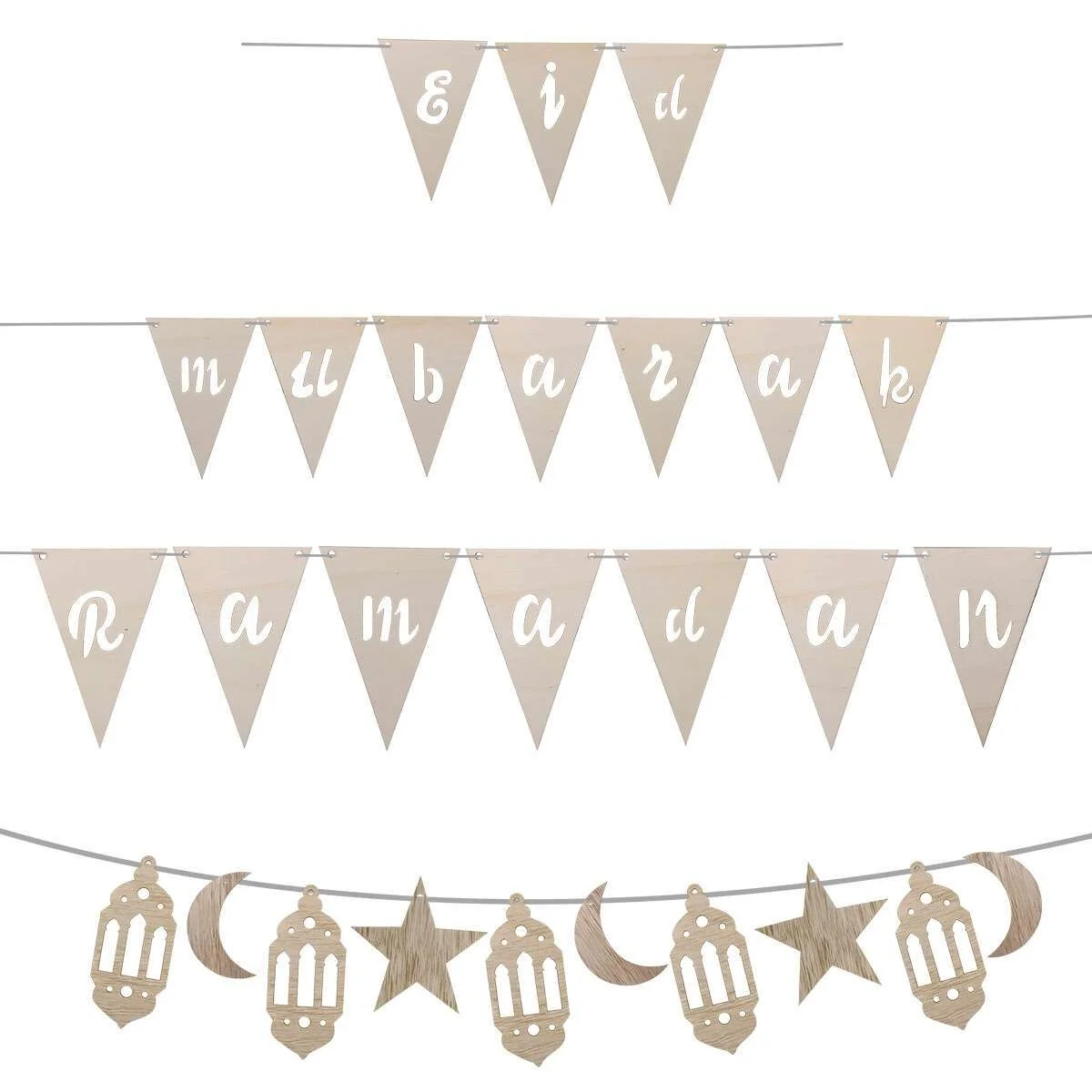 1pcs Eid Mubarak Wooden Garland Banner For Ramadan Eid al-Fitr Muslim Home Party Wall Decorations DIY Gifts Supply