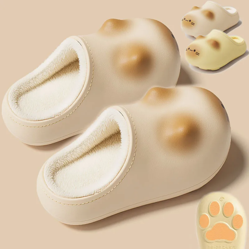 

Winter Plush Cat Paw Slippers Waterproof Fluffy Outdoor Home Warmth Slipper Couple Cartoon Non-slip Sole Slipper for Women Men