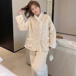 Coral Velvet Pajamas Women's New Winter Flannel Ancient Style Plus Velvet Thick Long-sleeved Home Wear Sleepwear Pyjamas Women