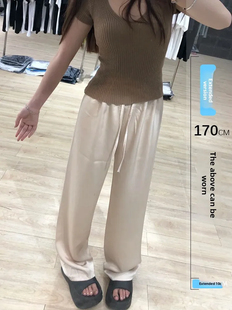 

Женские летние атласные брюки свободного кроя с завязками, прямые, повседневные, удлиненные, для высоких, с эффектом расслабленности