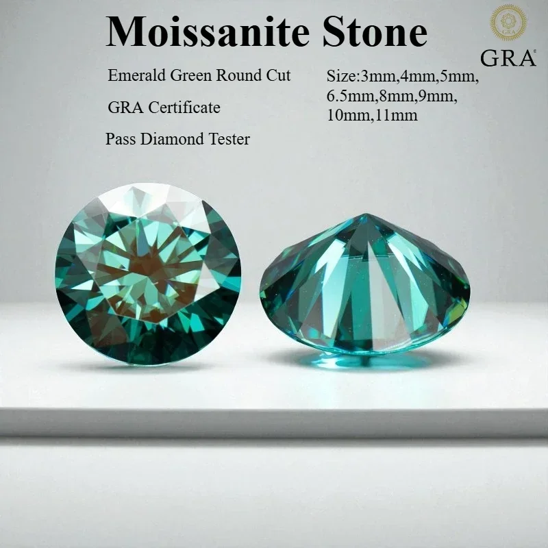 

Moissanite Stone Emerald Green Round Cut with GRA Certificate, Available in 3-11mm Sizes, Passes Diamond Tester