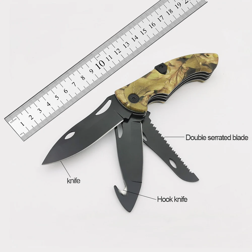 Outdoor multifunctional folding knife and hook and saw three in one sharp blade anti slip ABS handle camping survival EDC tool