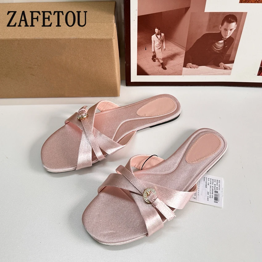 Zafetou Shoes Women 2024 New Pattern Flat Slippers Wearing Outside With Round Toe And Open Toe Rhinestone Buckle Women's Sandals