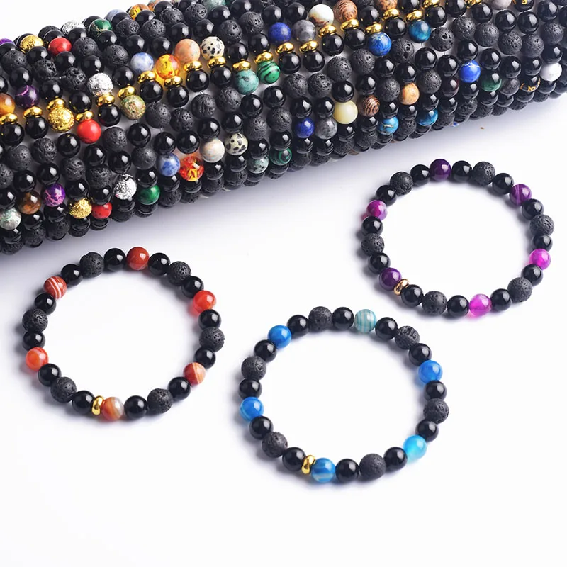 Bracelet en perles d'agate à rayures bleues et rouges pour hommes et femmes, bijoux faits à la main, Onyx noir, cadeau pour amoureux, distance de couple