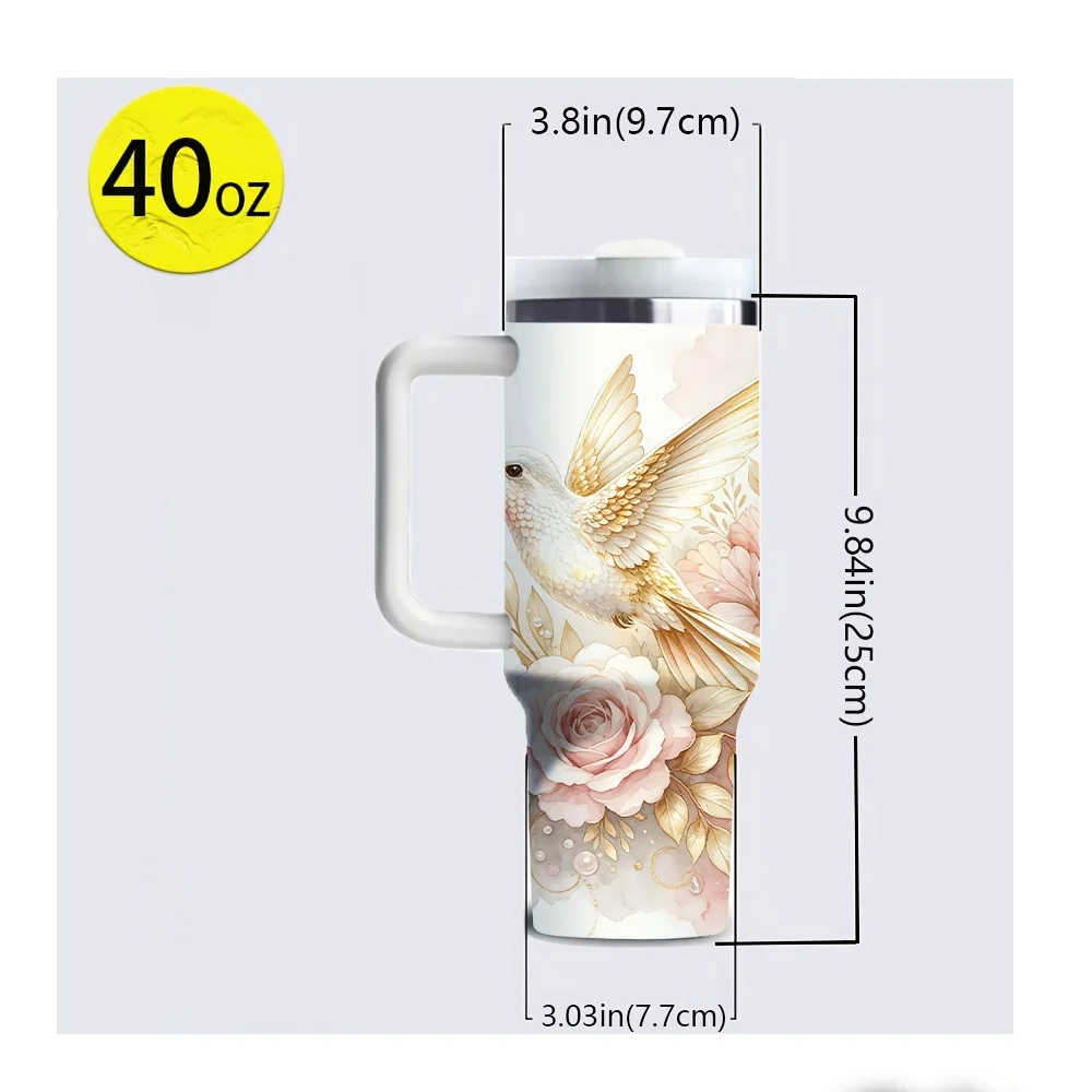 40Oz Tumbler with Straw And Handle, Soft Elegant Pink Floral And Hummingbird Print, Fits All People, Suitable for Hot And Cold Drinks, Perfect for Summer Winter Daily Use And Outdoor Activities