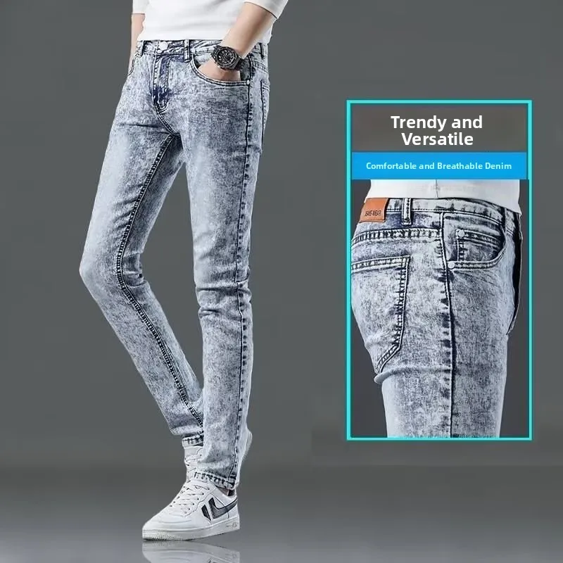 

Trendy Men's Jeans Snowflake White Light Elastic Casual Long Pants Student Slim Fit Versatile Straight Leg Jeans Blue Denim