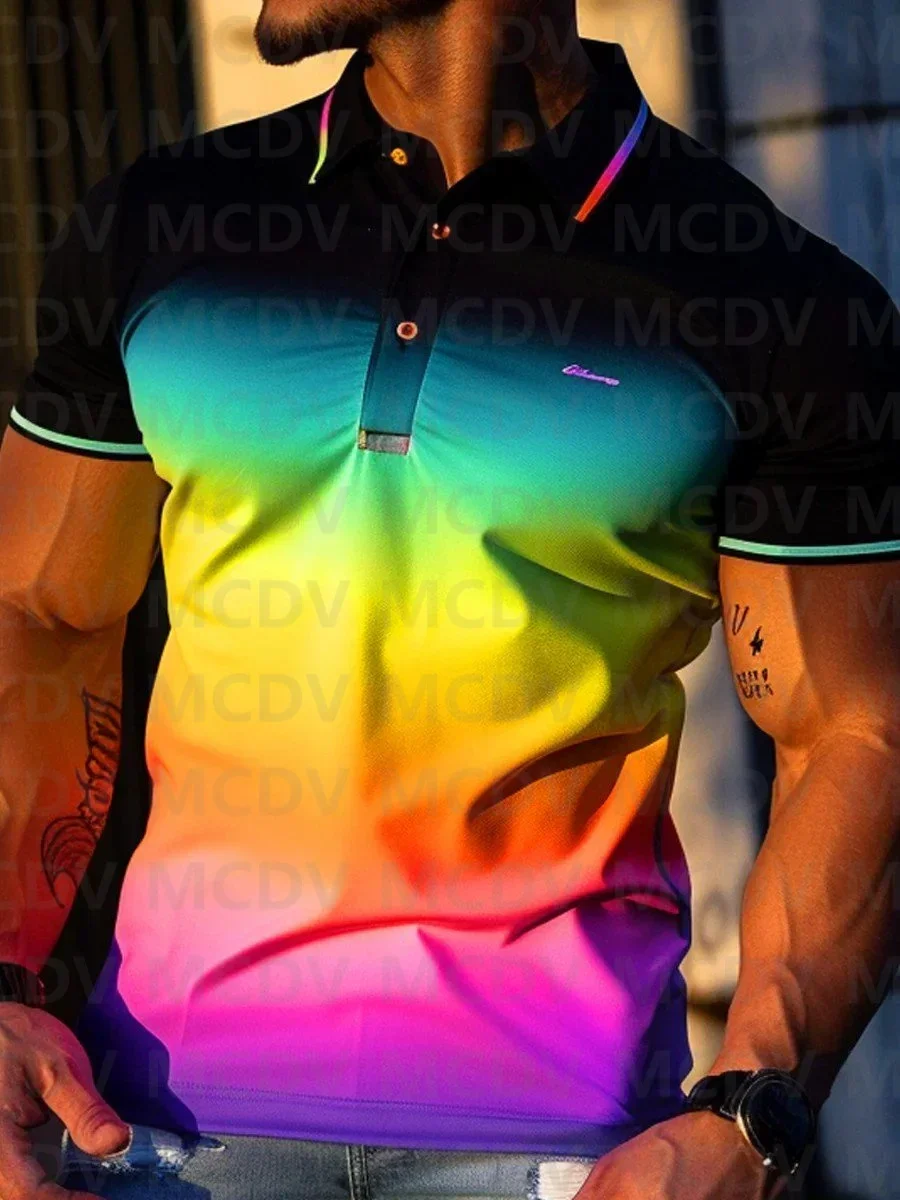 Men's Rainbow Ombre Art Printed Casual POLO Shirt Summer Streetwear Casual Fashion Men tops image 2