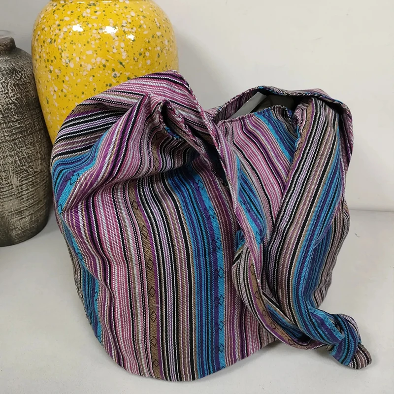 Vintage Bohemian Chic Canvas Shoulder Bag Ethnic Style Large Capacity Handbag Soft Tote Bag Casual Crossbody Bag Female Daily