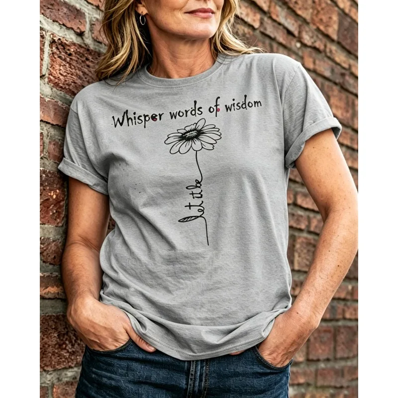 ilstile New Women's Let It Be Whisper Words Of Wisdom Print T-Shirts Short Sleeve O Neck Summer Tops Hippie Flowers Tees