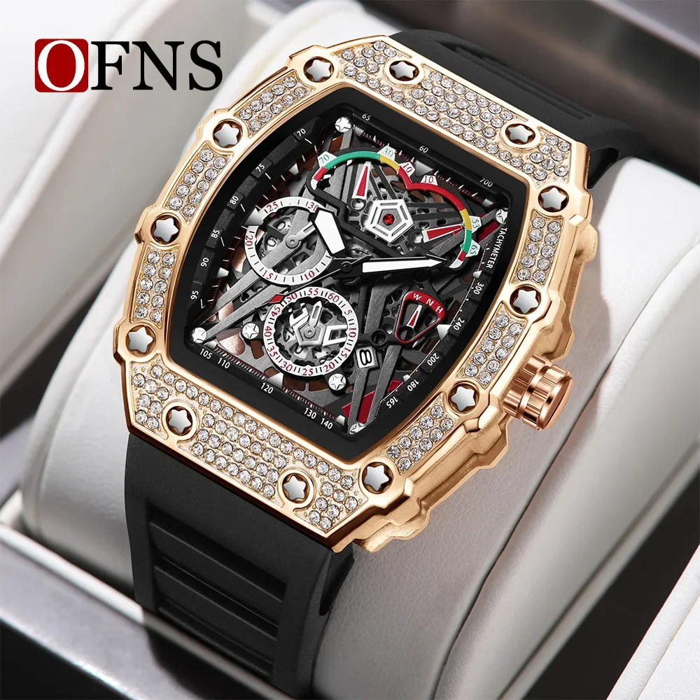 Fashion Ofns Brand 7105 Creative Hollow Barrel Type Men's Personalized Quartz Watch Fashion Diamond Inlaid Night Light Calendar