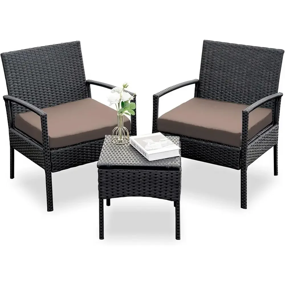 

3-Piece Rattan Patio Bistro Set with Cushions and Side Table for Garden or Balcony, Brown