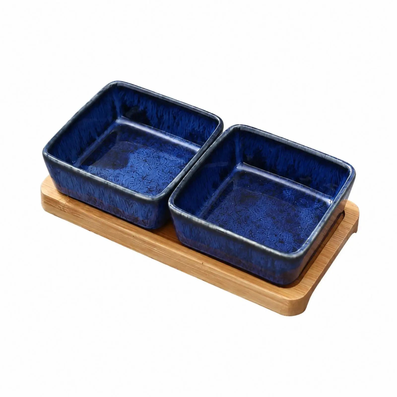 Ceramic Serving Plate with Wooden Tray for Tea Snacks Appetizers Square Porcelain Dish for Home Kitchen Table Setting