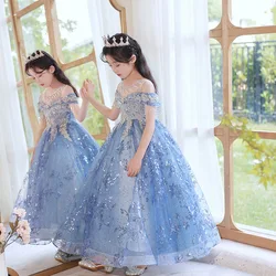 Flower Girls Embroidered Long Evening Gowns Children Formal Occasion Dress for Weddings Pageant Luxury Sweep Train Dresses Kids