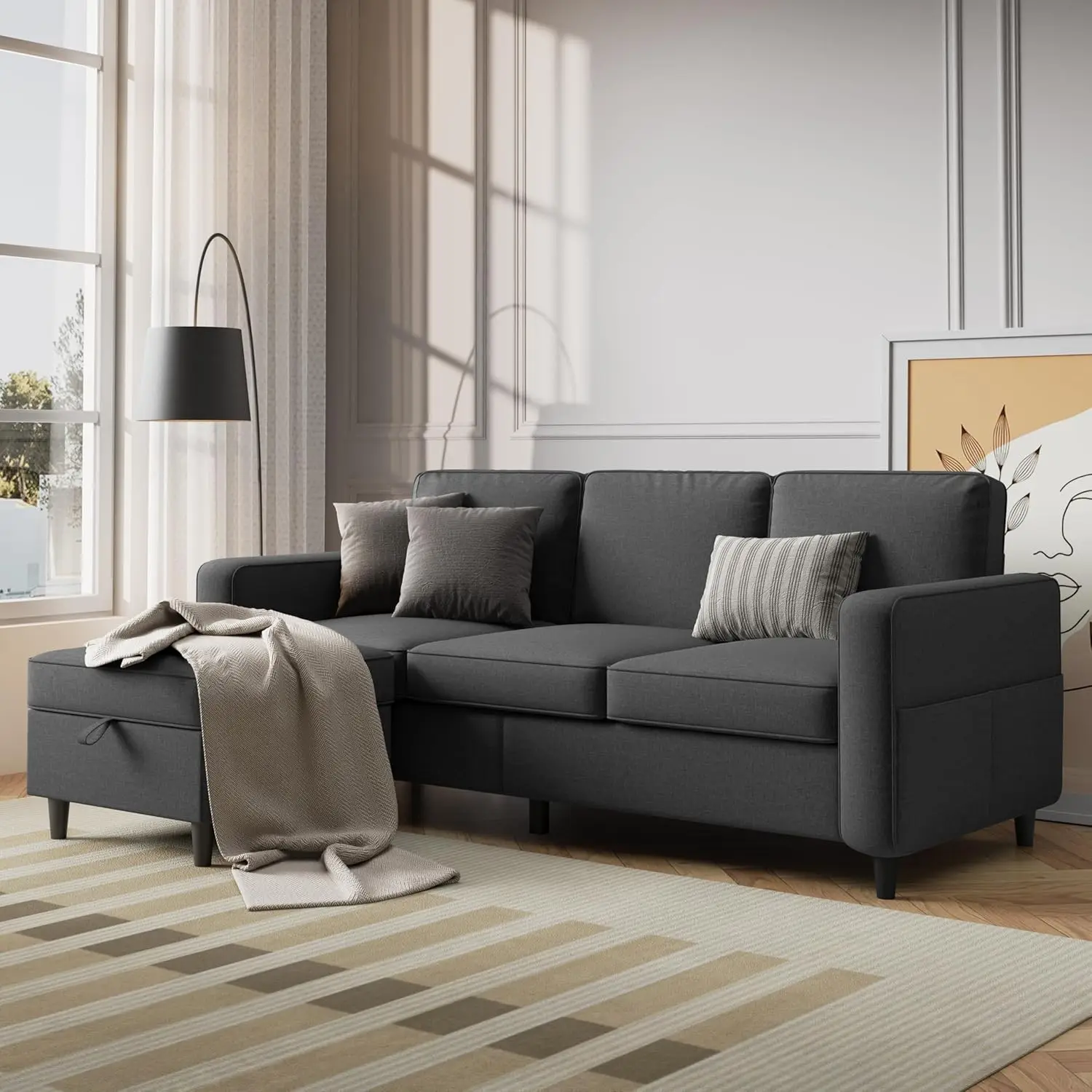 Sofa Couches for Living Room - 78'' Dark Grey 3 Seat L-Shaped Couch with Storage Ottoman, Modern Linen Convertible Sec