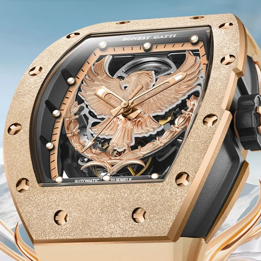 BONEST GATTI ساعة أوتوماتيكية للرجال 50 مللي متر Tonneau ساعة اليد الميكانيكية الياقوت مضيئة الهيكل العظمي النسر الهاتفي حزام مطاط الفلور