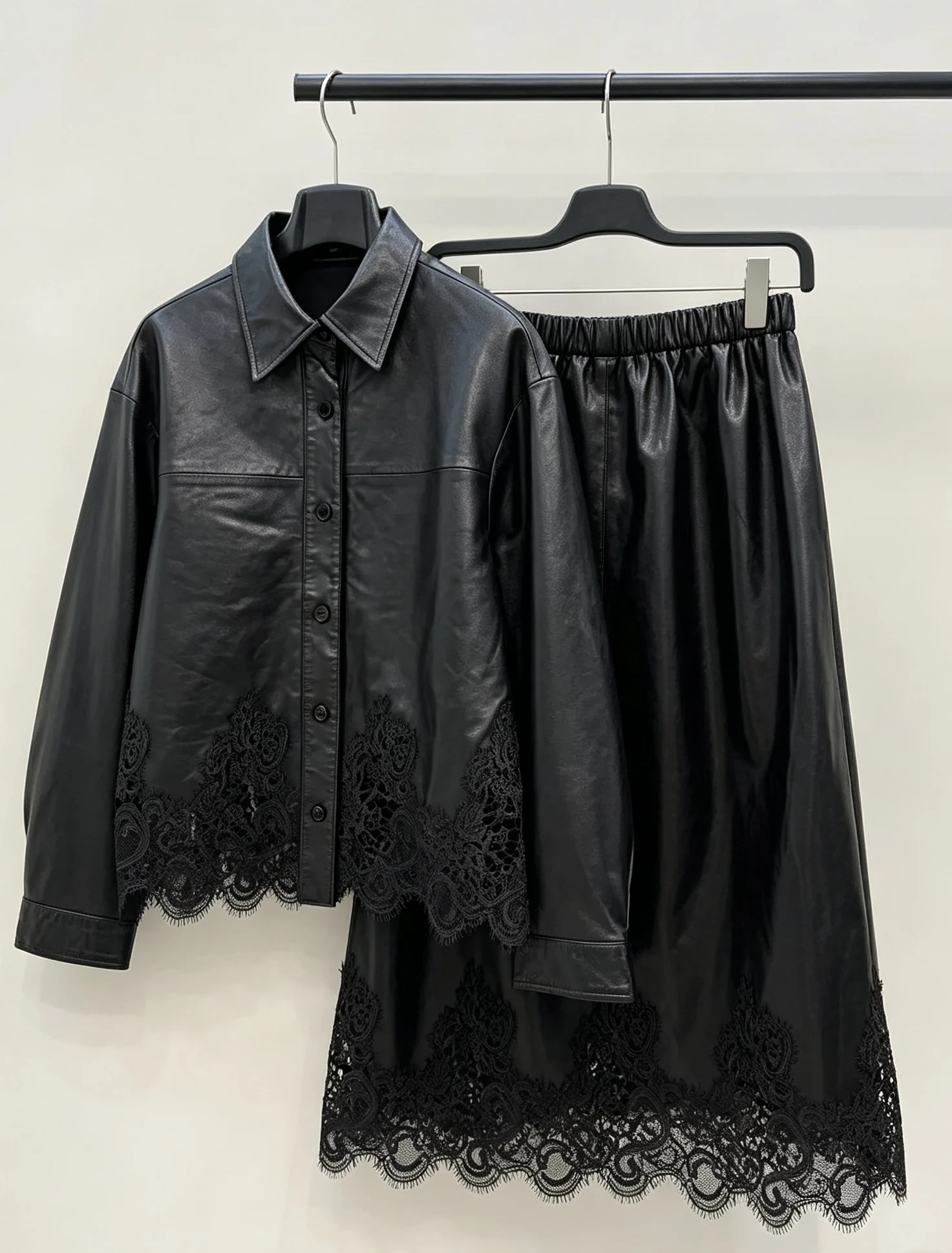 Vintage Scalloped Lace Hem Vegan Leather Two Piece Matching Set Collared Shirt & Elastic Waist Mid-Length Skirt for Ladies