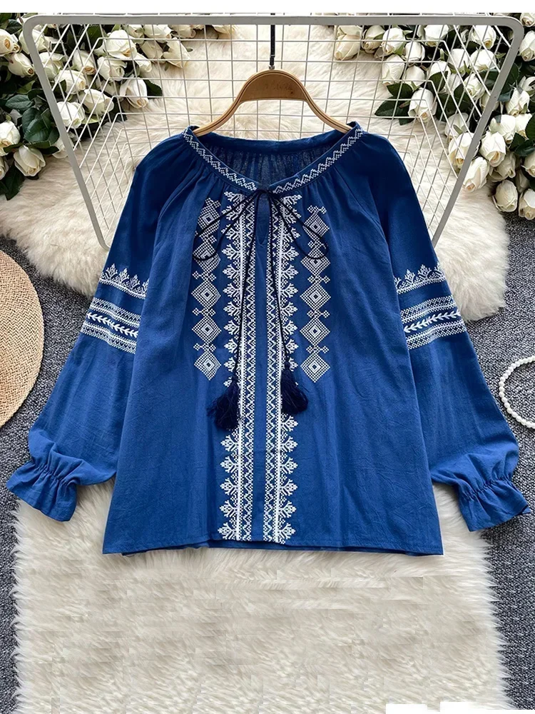 Women's Spring Autumn Shirt New Retro Bohemian Embroidered Lace Up Lantern Long Sleeves Blouse Top A161