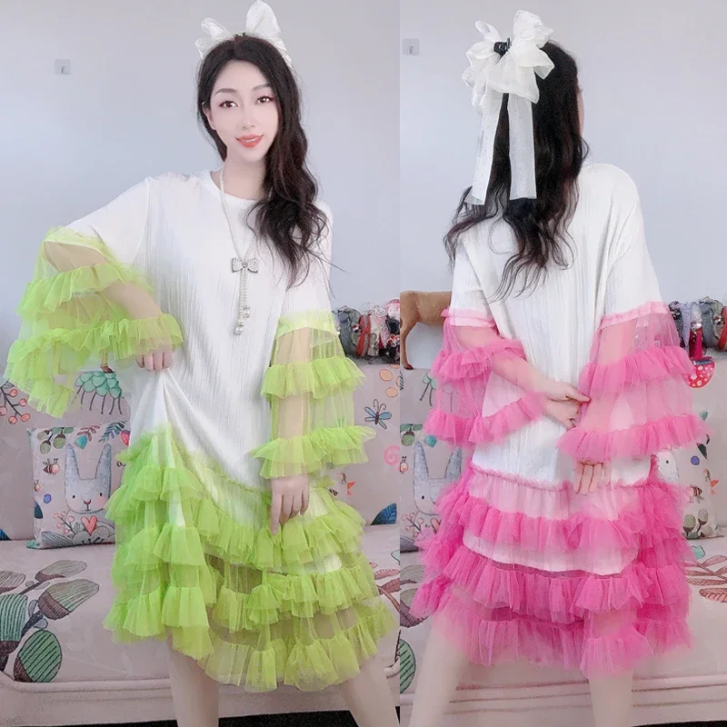 Summer Color Contrast Mesh Spliced Lace Pleated T-Shirts Multi Layered Ruffles Hem Tees Dress Fluffy Flare Sleeve Dress Vestidos