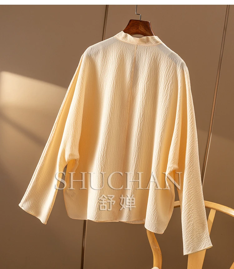 Light Luxury Style Simple Commuting Silk Pearl Crepe V-neck Long-sleeved Shirt Women 32A2 Thin Summer