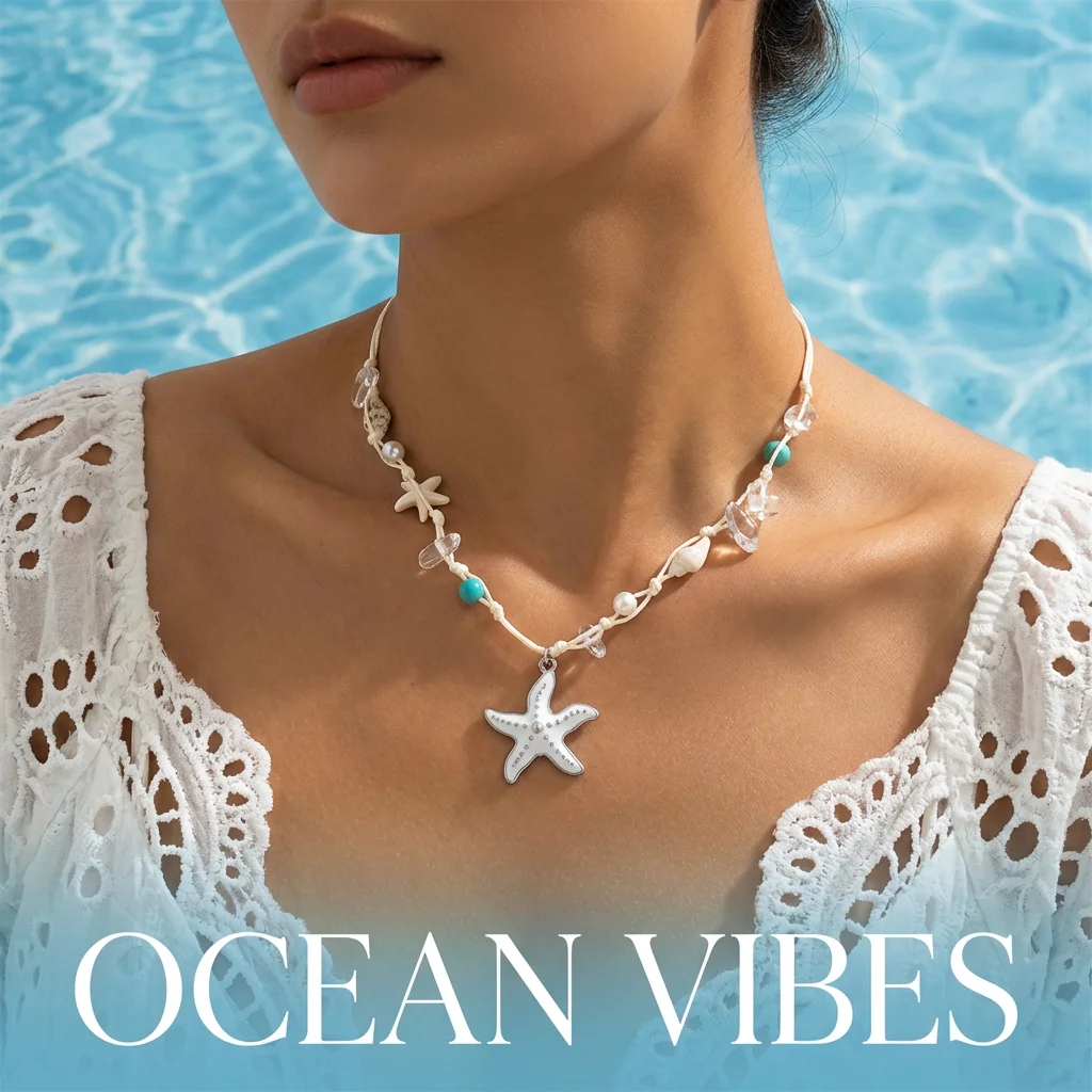 Boho Seestern-Anhänger Halskette Verstellbare Strand-Urlaubskette für Frauen Sommer-Feiertags-Party-Accessoires – Detail 1
