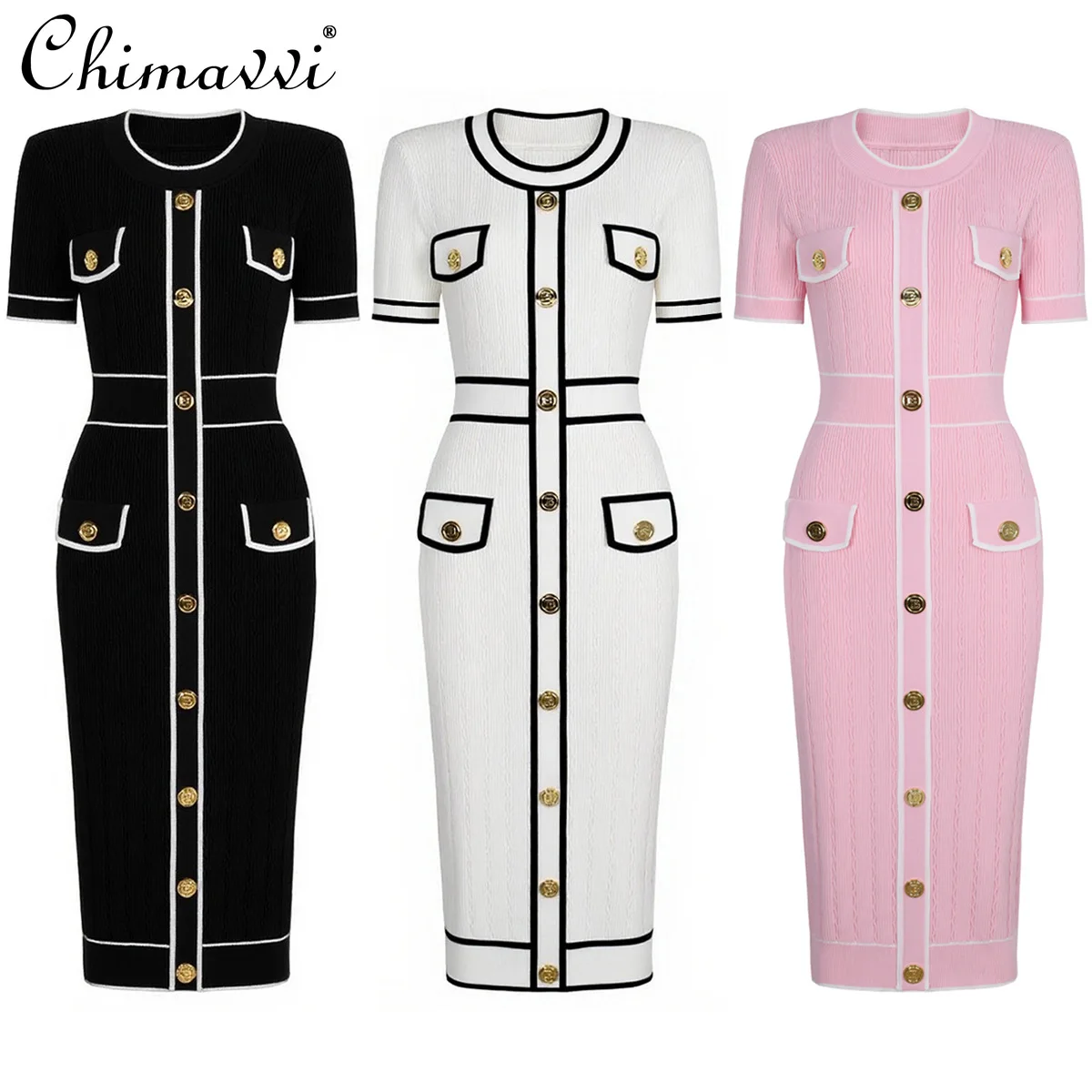 

2025 Summer New Heavy Craft Fashion Short Sleeve Round Neck Knitted Classic Women's Dress Elegant OL Slim Fit Bodycon Dress