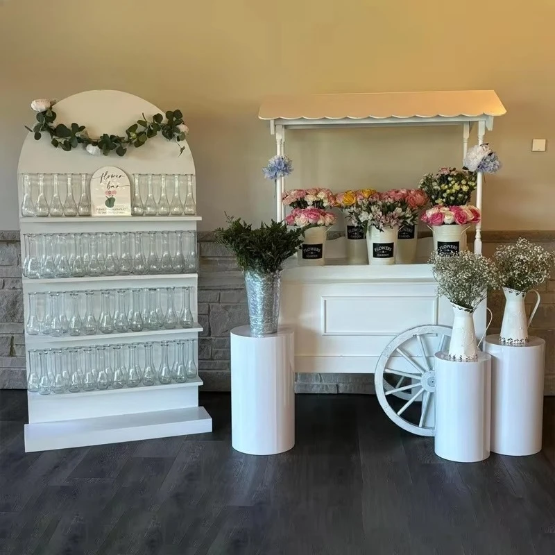 New white acrylic candy food cart and flower cart with white flower decorative strips