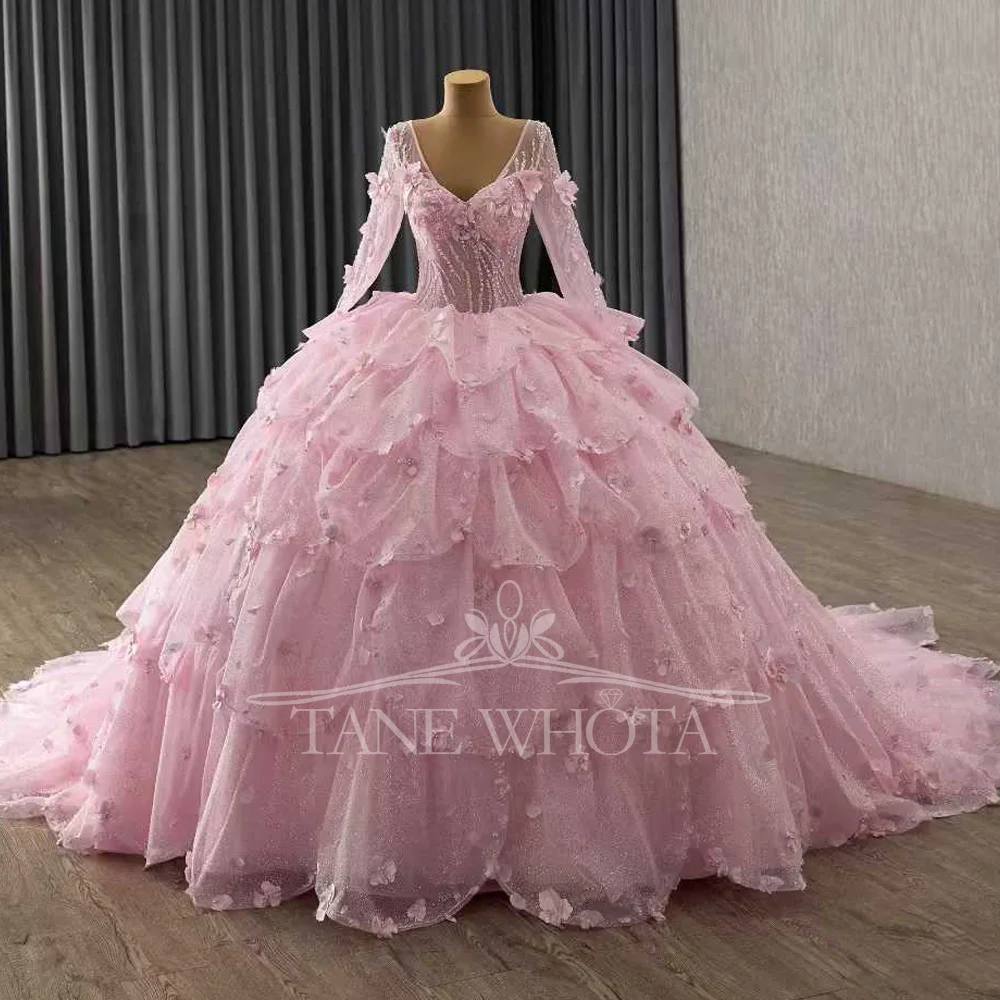 

Розовые платья Quinceanera с v-образным вырезом и длинными рукавами на шнуровке сзади и аппликациями из бисера и кристаллов Vestidos De 15 для девочек на 15-й день рождения