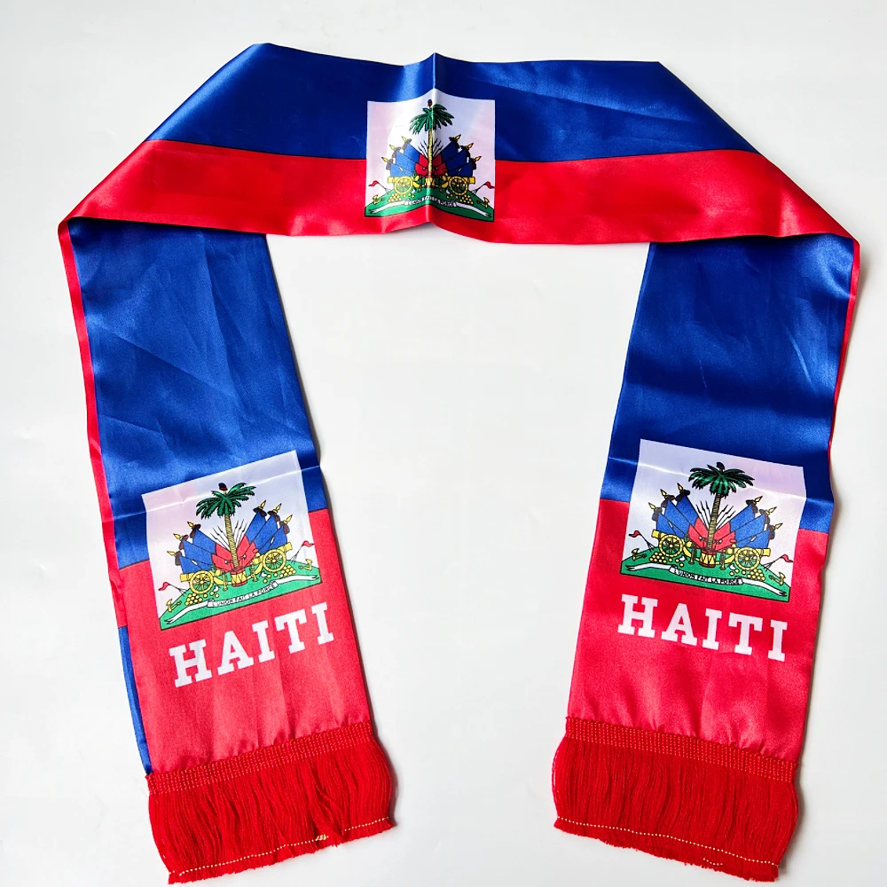 2026 Haiti  NorwayCountries Flag Scarf14x135cm Double-sided Printed Satin Haiti Flag Scarf Tassels Suitable for Football, Sports