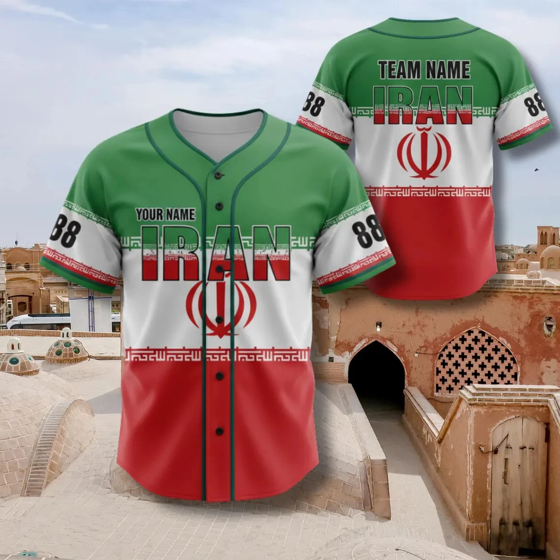 Custom Iran National Emblem Baseball Jersey Personalized Name Team Number Classic Green White Red Flag Strip Print Sports Tees