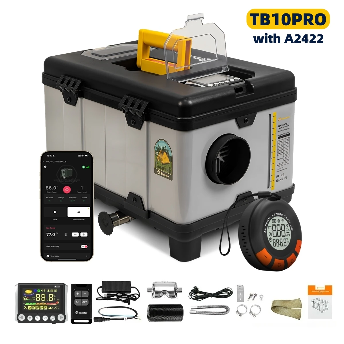 Sunster TB10PRO réchauffeur d'air Diesel 12V 24V 110-240V 8KW chauffage de stationnement avec application Bluetooth et moniteur LCD pour maisons de voiture camping-car