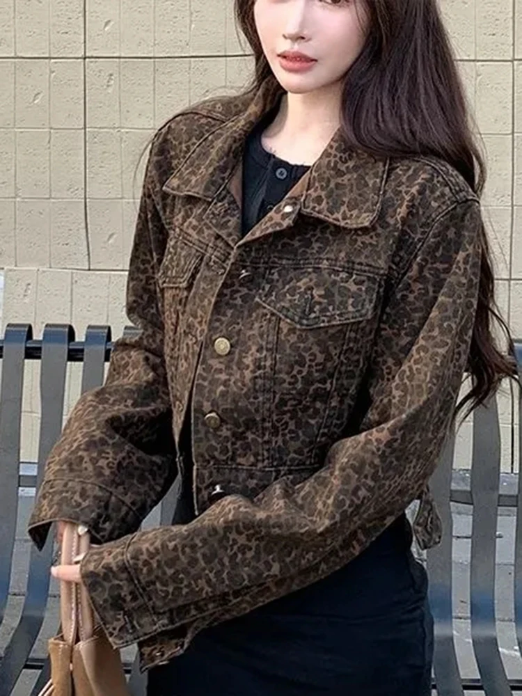 Zoki Y2K Cropped Leopard Denim Jacket Women Vintage Streetwear Long Sleeve Slim Short Coat American Harajuku Female Hip Hop Tops