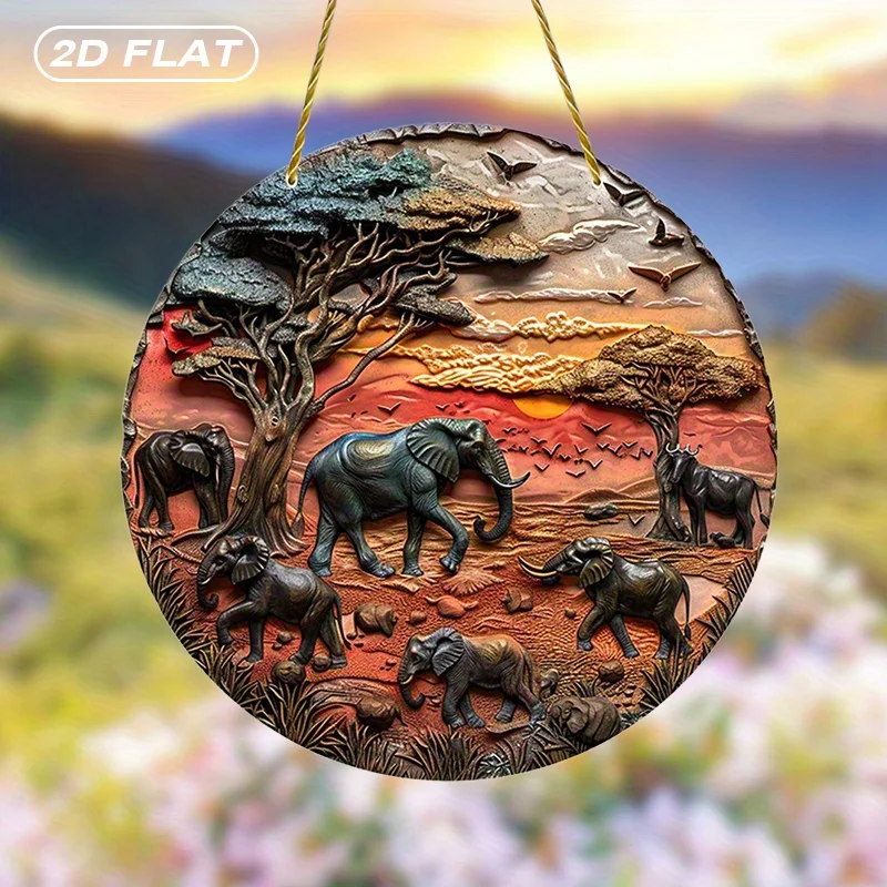 Vintage Round Metal Tin Sign, African Savannah Elephant Family Sunset Tree Relief Outdoor Home Wall Hanging Plaque