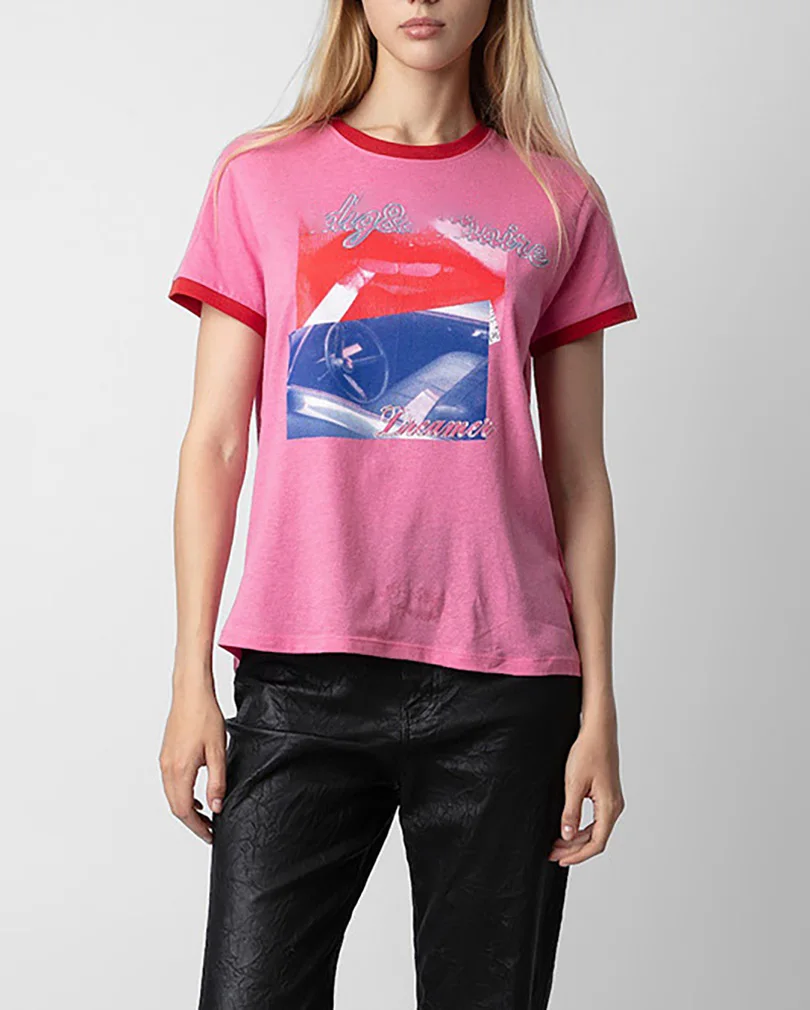 

Women's Ringer T-Shirt Summer O-Neck Red Lip Car Letter Tops Contrast Color Fashion Casual Basic Rose Red Tee