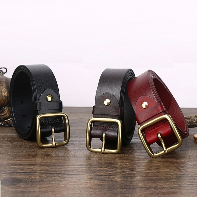 3.8cm Genuine Leather For Mens Belts  Copper Buckle Designer High Quality Men Cowboy  Natural Dress Luxury Belt Lumbar Mans Red