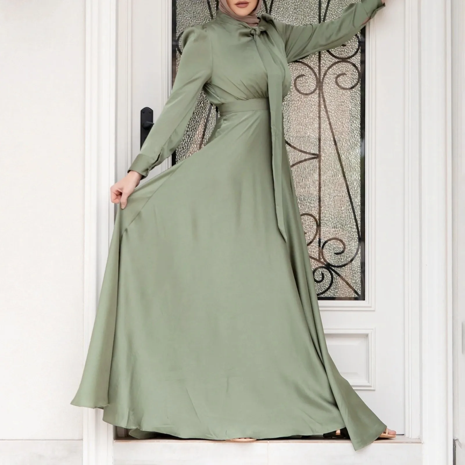 Women Satin Dress Muslim Abaya Hijab Dubai Turkey Evening Dresses Long Sleeve Solid Color Fashion Muslim Dress Robe Vestidos