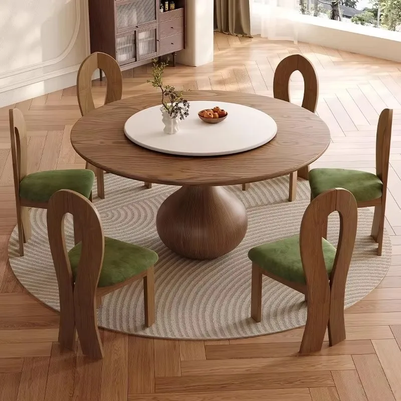 French Vintage Solid Wood Round Dining Table Set, Teardrop‑Base Dining Table with Rotating Turntable for Home Restaurant