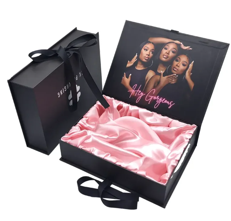 

Wholesale Custom Logo Luxury Black Wig Hair Extensions Packaging Boxes Clothing Gift Box Apparel Box Insert Satin With Ribbon