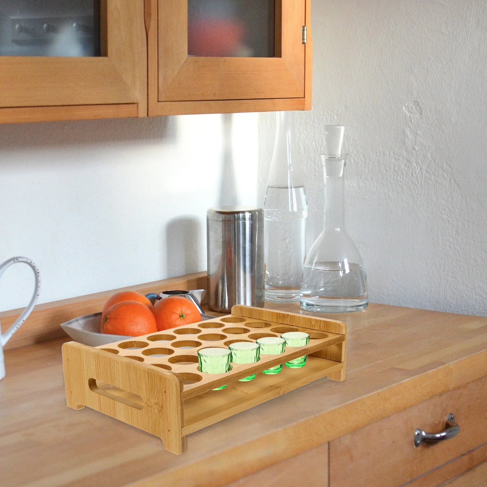 Glass Rack Shot Glasses Serving Tray Holder Organizer Wood Display Stand Spices Cups Whiskey Coffee Mug